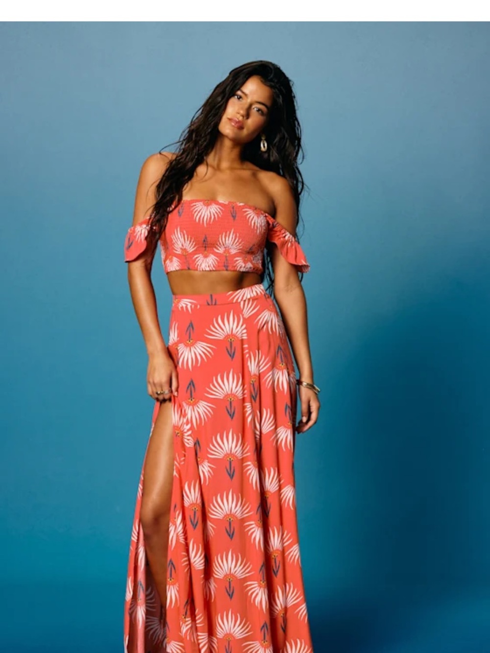 Lulu's Coral Printed Off-Shoulder Maxi Skirt Set with Side Slits (top and skirt)